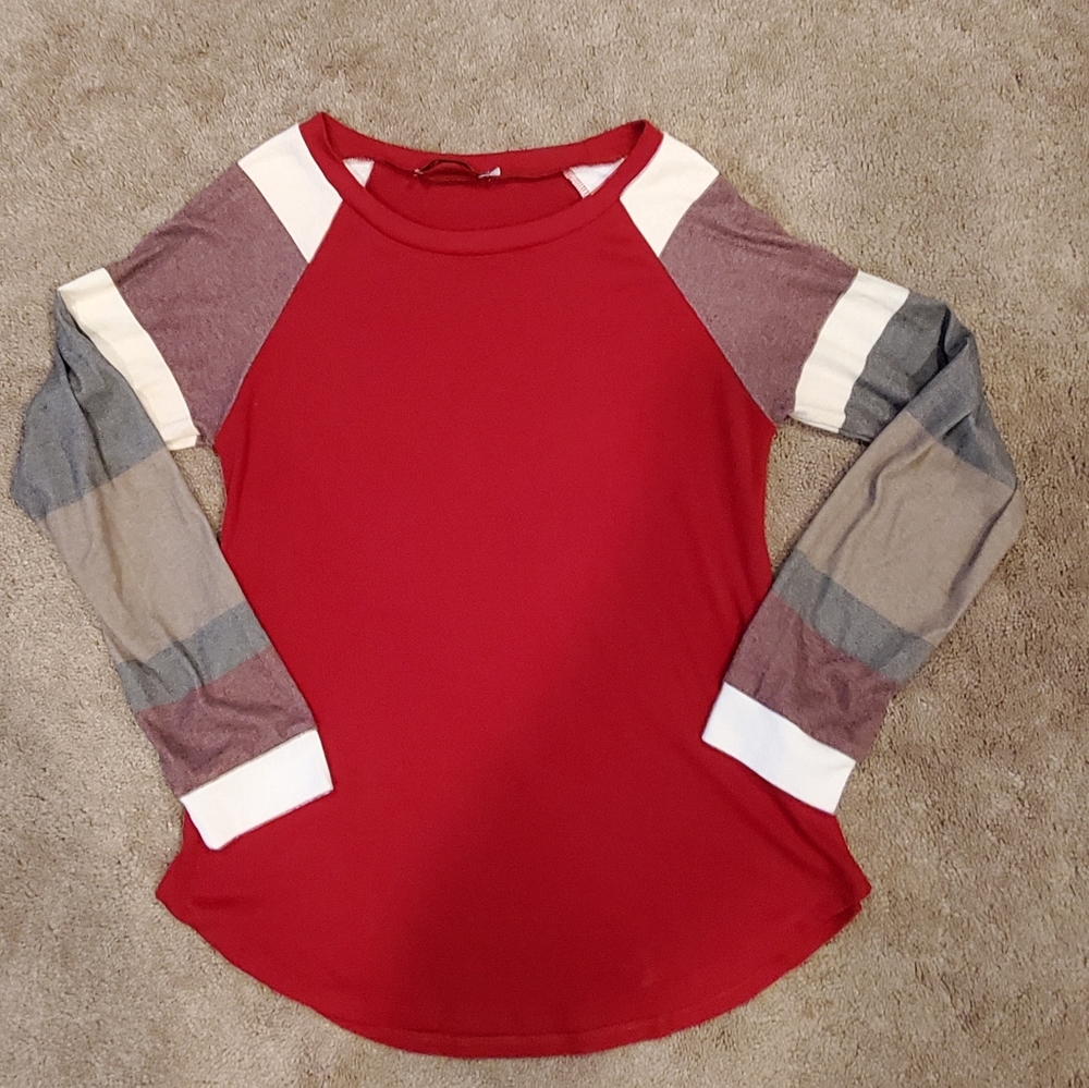 Red Long sleeve tee with striped sleeves